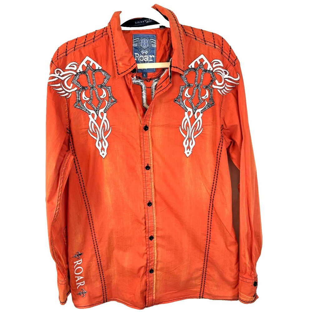 Roar Signature Shirt Mens L Long Sleeve Distressed Embroidered Graphic Western